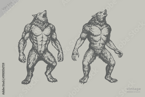 vintage werewolf howling in engraving style illustration. Halloween werewolf set with Retro grunge dotted texture style