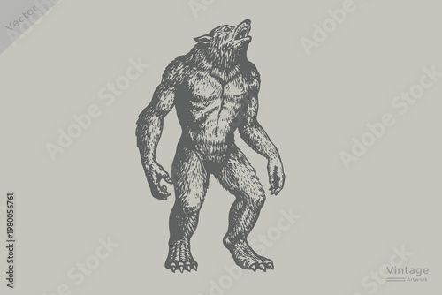 vintage werewolf howling in engraving style illustration. Halloween werewolf set with Retro grunge dotted texture style