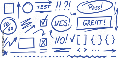 Blue Hand Drawn Doodle Elements Arrows Checkmarks Text Boxes Symbols vector