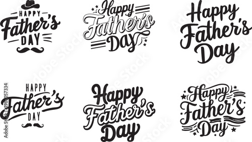 A collection of six stylish black and white typographic designs celebrating Fathers Day with decorative elements like hats and mustaches