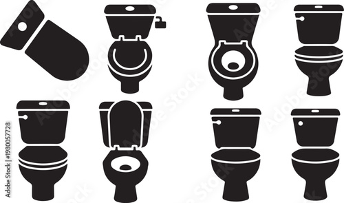 Collection of eight black toilet silhouettes with transparent background lavatory bathroom