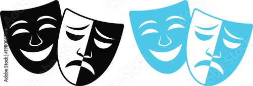 Contrasting theatrical masks symbolizing comedy and tragedy in black and blue tones
