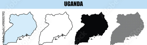 Uganda map outlines with different fill styles on a white background