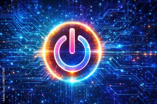 Glowing power or on button symbol on futuristic digital circuit background of hardware elements and data connectivity
