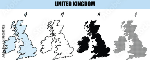 United Kingdom Map Set with Different Styles and Dotted Representation