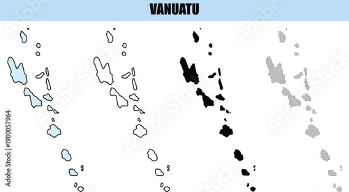 Vanuatu map outlines in different styles on a white background with a blue header