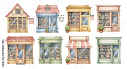 Set of watercolor illustrations of charming vintage bookstore storefronts isolated on transparent background