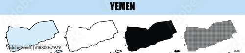 Yemen map outlines in various styles including silhouette and dotted pattern on white background