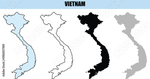 Vietnam map outlines in different styles on white background with blue header
