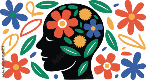 A creative illustration of a human head with colorful flowers and leaves growing out of it on white background