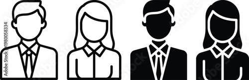 Four professional silhouettes in business attire with varying styles and colors