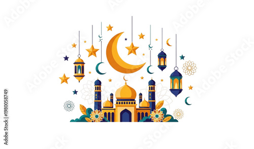 Ramadan kareem vector illustration with mosque lantern and crescent moon
