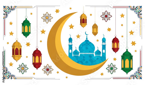 Ramadan celebration vector illustration with mosque crescent and lanterns