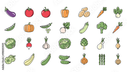 Comprehensive collection of colorful vegetable icons including eggplant potato tomato and peppers for healthy eating or recipes.