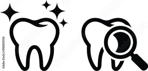 Comparison of healthy tooth and tooth under dental inspection with a magnifying glass