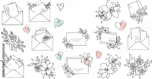 Beautiful hand drawn floral arrangements and envelopes for wedding invitation or greeting card design.