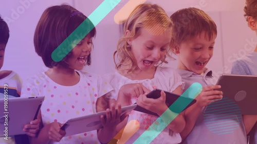 School students tapping tablets, animated graphics sweeping screens, sharing content for education