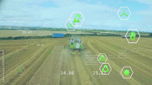 Combine starting run across wheat field, cutting for yield while agritech HUD icons updating