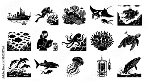Marine biology research icons set, black and white ocean exploration vector illustrations, 15 underwater science and sea life silhouettes