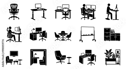 Modern office furniture icons set, 15 black silhouette workspace elements, ergonomic desk and chair vector graphics for interior layout planning