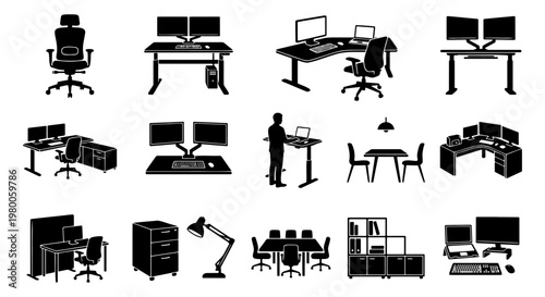 Modern office furniture silhouette icons, ergonomic workstation and standing desk set, professional workspace equipment and computer desk vector collection
