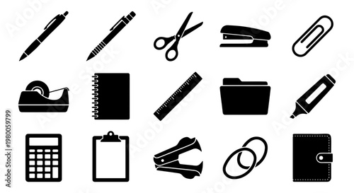Minimalist office supplies icon set, 15 black stationery vector elements, professional school and business equipment silhouettes for web and print