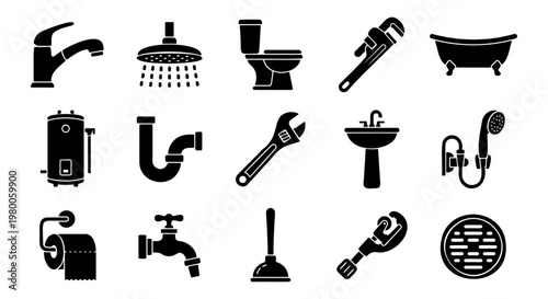 Plumbing icons set of 15 black vector symbols, bathroom fixtures and repair tools collection, professional sanitary equipment and water system elements