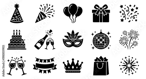 Party and celebration icon set, 15 black birthday vector elements, festive event symbols for anniversary and holiday design