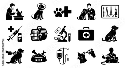Veterinary medicine icon set with 15 black silhouettes, pet healthcare symbols for animal clinic services, veterinary surgery and grooming icons