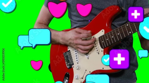 Guitarist playing red guitar on greenscreen, icons appearing from left layering promoting music