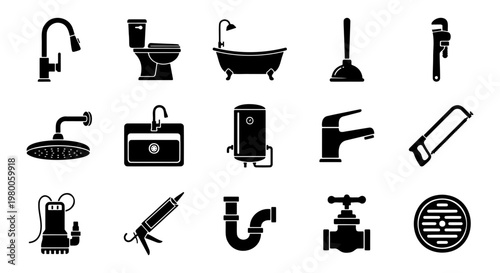 Plumbing service icons set, 15 black bathroom and kitchen fixtures, professional plumber tools and sanitary equipment vector illustrations