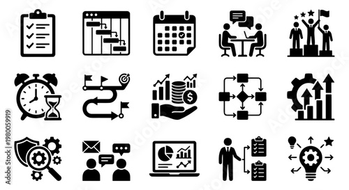 Business management icons set, project planning and productivity symbols, 15 black vector elements for corporate workflow and strategy