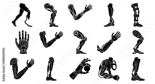 Robotic prosthetic limbs collection, 15 black bionic arm and leg icons, futuristic mechanical body parts, artificial cybernetic limb vector set