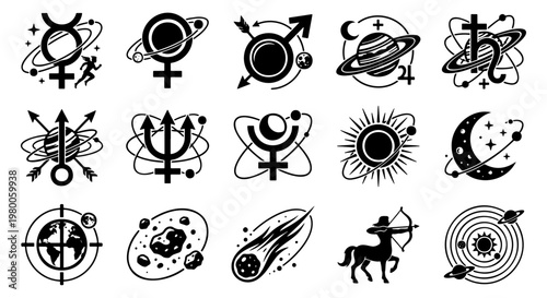 Astrology planet symbols and celestial icons set, 15 black vector zodiac signs and astronomical elements, mystical alchemy and space graphics