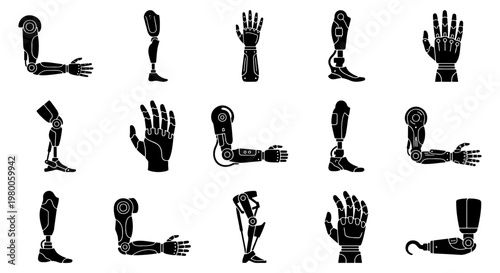 Prosthetic limb icon set, robotic arm and leg silhouettes, 15 bionic body part elements for medical technology and disability accessibility