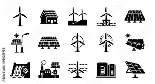Renewable energy icon set with 15 black vector symbols, solar panel and wind turbine illustrations, sustainable green power technology collection