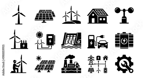 Renewable energy icon set with 15 black vector symbols, solar panels and wind turbines collection, sustainable power and green technology graphics