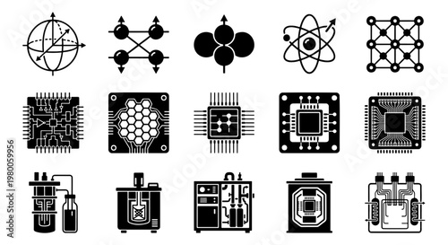 Quantum computing icons set, 15 black vector symbols of microchips and physics, nanotechnology and laboratory equipment icons for science research
