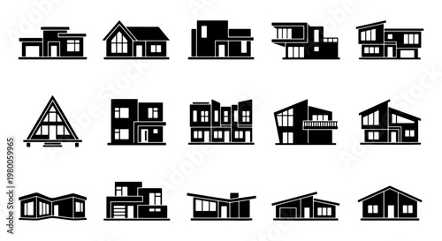 Modern house icons set, 15 black architectural building silhouettes, contemporary residential home exterior vectors for real estate and urban planning