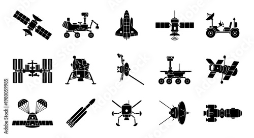 Space exploration icons set, 15 black silhouette vector elements of satellites and rovers, aerospace technology and spacecraft equipment collection