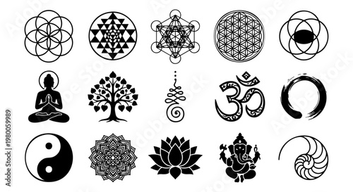 Sacred geometry and spiritual symbols set, 15 black vector icons including lotus and mandala, zen yoga and meditation design elements