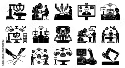 Robotic surgery icons set, 15 medical technology vector pictograms, futuristic robotic assisted surgery equipment, digital healthcare automation