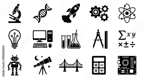 STEM education icon set, 15 black science and technology vector symbols, minimalist engineering and mathematics icons for school curriculum