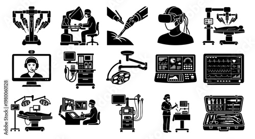 Robotic surgery icons set, 15 black vector elements for high-tech medical procedures, futuristic healthcare technology and digital surgery equipment