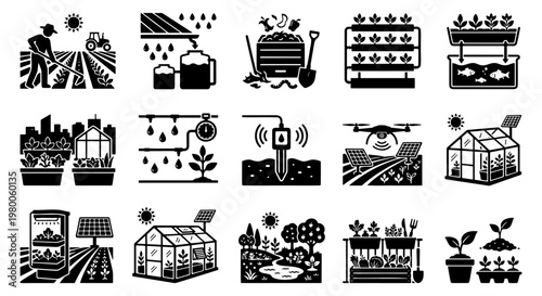 Sustainable agriculture and smart farming icons set, 15 black vector illustrations of eco-friendly gardening, greenhouse technology and urban farming concepts