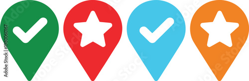 Colorful location pins with checkmarks and stars for rating or approval indicators