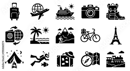 Travel icons set in black solid style, 15 tourism and vacation vector elements, adventure and holiday symbols for web and mobile apps