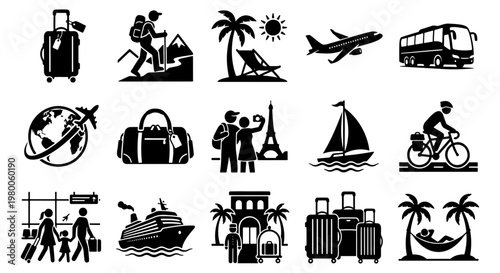 Travel and tourism icon set with 15 black vector pictograms, vacation and holiday symbols, transportation and luggage elements for trip planning