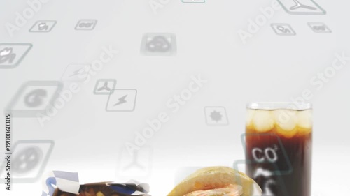 Icons drifting, causing soda to rise, fries and burger lifting, settling, showcasing meal trio