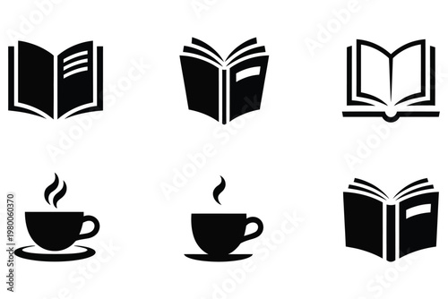 Collection of minimalist black open books and steaming coffee cups on white saucer